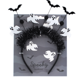 Halloween headband with black tinsel, ghost decorations and bat on retail packaging.