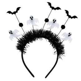Halloween headband with black tinsel, ghost decorations and bats.