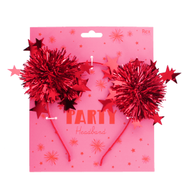 Red party headband with tinsel pom-poms and star decorations on retail packaging.