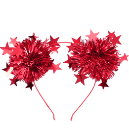 Red party headband with tinsel pom-poms and star decorations.