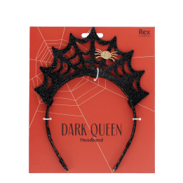 Black glitter spiderweb headband with a gold spider decoration on Halloween-themed packaging.