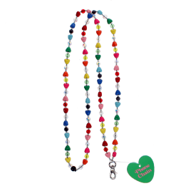 Colourful beaded phone chain with multicoloured heart-shaped beads and a metal clasp and tag.