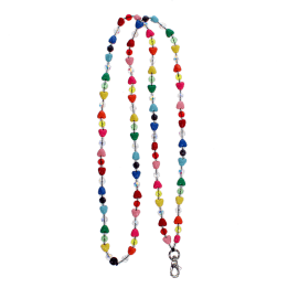 Colourful beaded phone chain with multicoloured heart-shaped beads and a metal clasp.