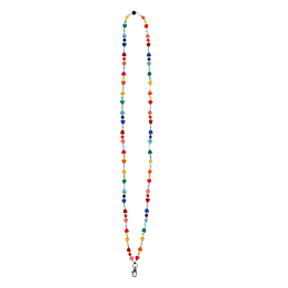 Colourful beaded phone chain with multicoloured heart-shaped beads and a metal clasp.