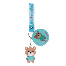 Bear bag charm with blue outfit, silicone wrist strap and silver keyring with tag.