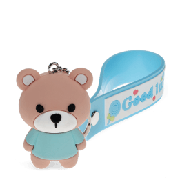 Bear bag charm with blue outfit, silicone wrist strap and silver keyring