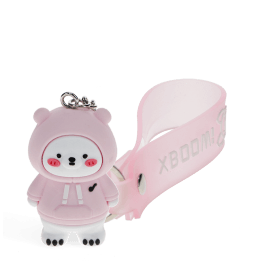 Polar bear bag charm with pink hoodie, silicone wrist strap and silver keyring