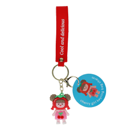 Copilot said:  Cherry girl bag charm with red cherry hat, pink outfit, silicone wrist strap and keyring with tag.