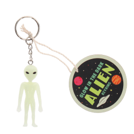 Glow-in-the-dark alien keyring with silver chain and key ring with tag