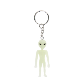 Glow-in-the-dark alien keyring with silver chain and key ring