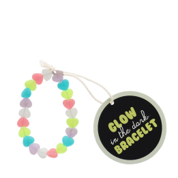 Glow-in-the-dark pastel heart bead bracelet with tag.