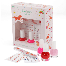 Unicorn-themed nail kit with nail polishes, nail file, stickers displayed beside illustrated retail packaging.