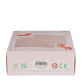 Bottom of Unicorn Nail Kit packaging showing barcode, recycling symbols, safety icons and product information.