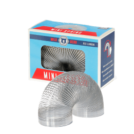 Mini metal spring toy displayed in a curved shape beside blue Wild Bear branded retail packaging.