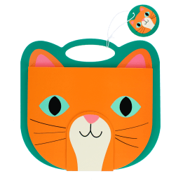 Orange cat-faced sketchbook with teal handle, stylised eyes, whiskers and ears with tag.