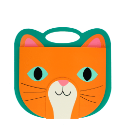 Orange cat-faced sketchbook with teal handle, stylised eyes, whiskers and ears.