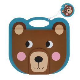 Brown bear-faced sketchbook with a blue handle, round ears, pink cheeks shown with tag.