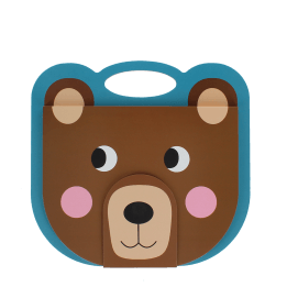 Brown bear-faced sketchbook with a blue handle, round ears, pink cheeks and smile.