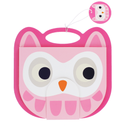 Pink owl-faced sketchbook with a carry handle, large eyes and orange beak. shown with tag.