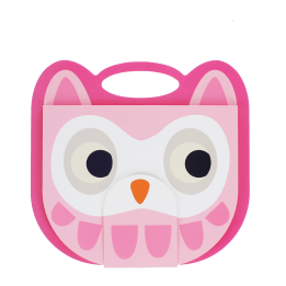 Pink owl-faced sketchbook with a carry handle, large eyes and orange beak.