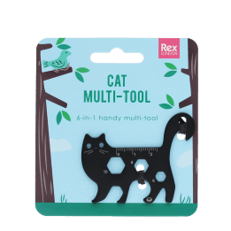 Cat-shaped 6-in-1 multi-tool in black metal, displayed on illustrated retail packaging