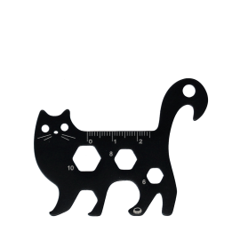 Black cat-shaped multi-tool with ruler and wrench cut-outs.