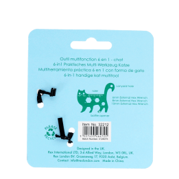 Back of cat-shaped multi-tool packaging with product features, barcode and recycling symbol.