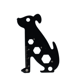 Dog-shaped multi-tool with ruler and wrench cut-outs.