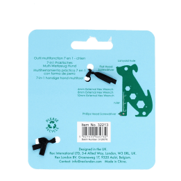 Back of dog-shaped multi-tool packaging with product features, barcode and recycling symbol.