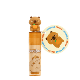 Capybara eraser in a plastic tube with a capybara figure on the lid.
