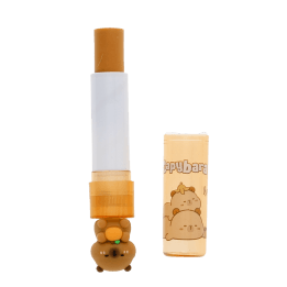 Capybara eraser with open lid, showing the capybara-shaped topper and eraser stick.
