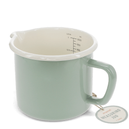 Pistachio green enamel measuring jug with pour spout and 1 litre internal markings shown with a tag.