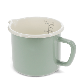 Pistachio green enamel measuring jug with pour spout and 1 litre internal markings.