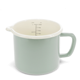 Pistachio green enamel measuring jug with pour spout and 1 litre internal markings.