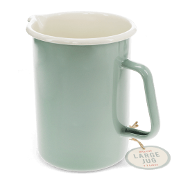 Pistachio green enamel jug with pour spout, white interior and 1.7 litre capacity shown with a tag.