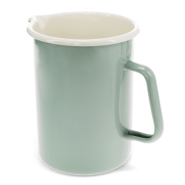 Pistachio green enamel jug with pour spout, white interior and 1.7 litre capacity.