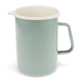 Pistachio green enamel jug with pour spout, white interior and 1.7 litre capacity.