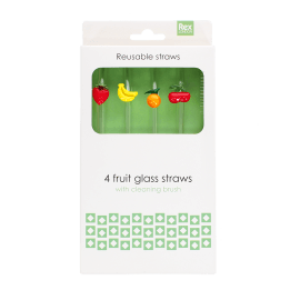 Pack of four reusable glass drinking straws with fruit toppers and cleaning brush 