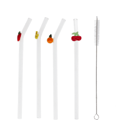 Four reusable glass drinking straws with colourful fruit toppers and cleaning brush