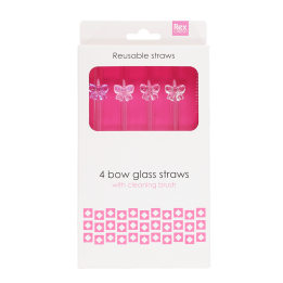 Pack of four reusable glass drinking straws with bow toppers and cleaning brush 