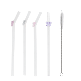 Four reusable glass drinking straws with colourful bow toppers and cleaning brush