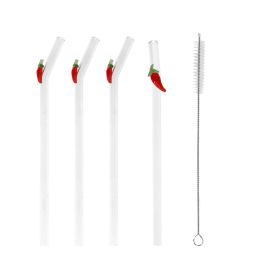 Four reusable glass drinking straws with red chilli toppers and cleaning brush
