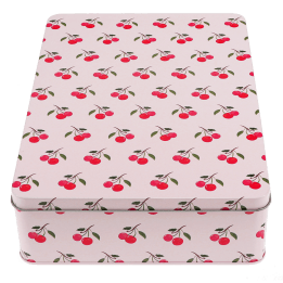 Rectangular pink storage tin with a red cherry pattern