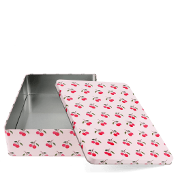 Rectangular pink storage tin with removable lid in red cherry pattern