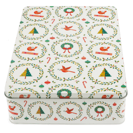 Rectangular storage tin decorated with Christmas tree, baubles, wreaths and candy canes.