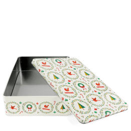 Rectangular storage tin with removable lid in Christmas tree, baubles, wreaths and candy canes.