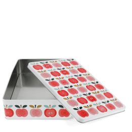 Rectangular storage tin with removable lid in vintage apple pattern. 