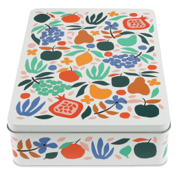Rectangular storage tin decorated with colourful fruit, flowers and leaves pattern.