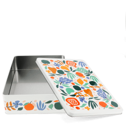 Rectangular storage tin with removable lid in fruit, flowers and leaves design.