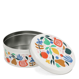 Round cake tin with open lid featuring a floral and fruit pattern